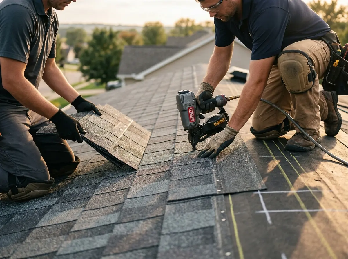 Professional roofer working on a residential roof in Elizabethton